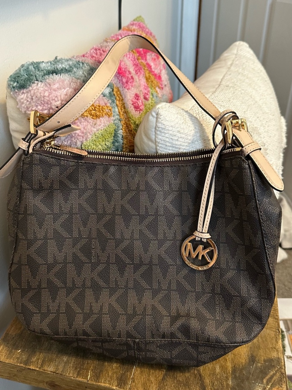 Michael Kors Brown MK Logo Shoulder Bag with Pale Pink Trim